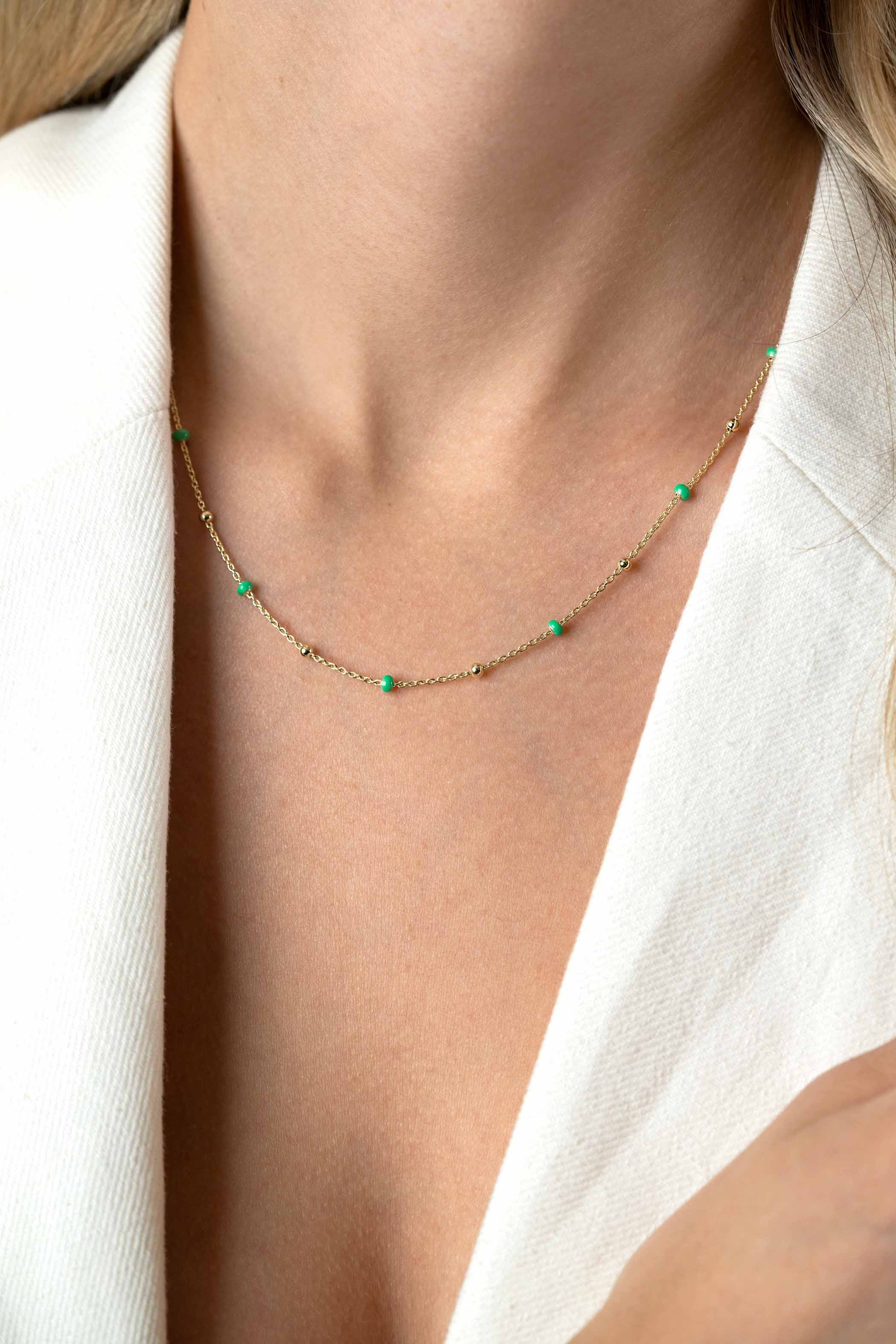 ZINZI zlv. collier gg.verguld met groene bolletjes