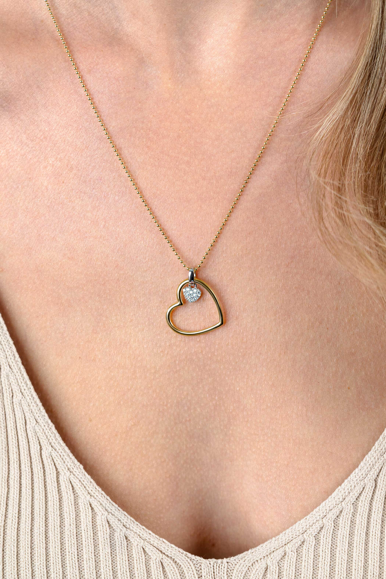 ZINZI vergoldete Silberkette mit Kugeln und großem offenem Herzanhänger, 20 mm, und baumelndem luxuriösem Herzchen, 45-48 cm ZIC2621