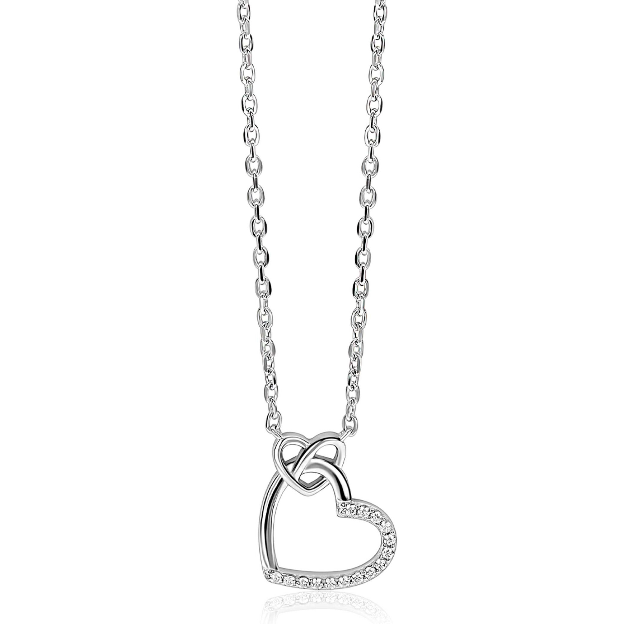 ZINZI zlv. collier twee harten verbonden zirc.