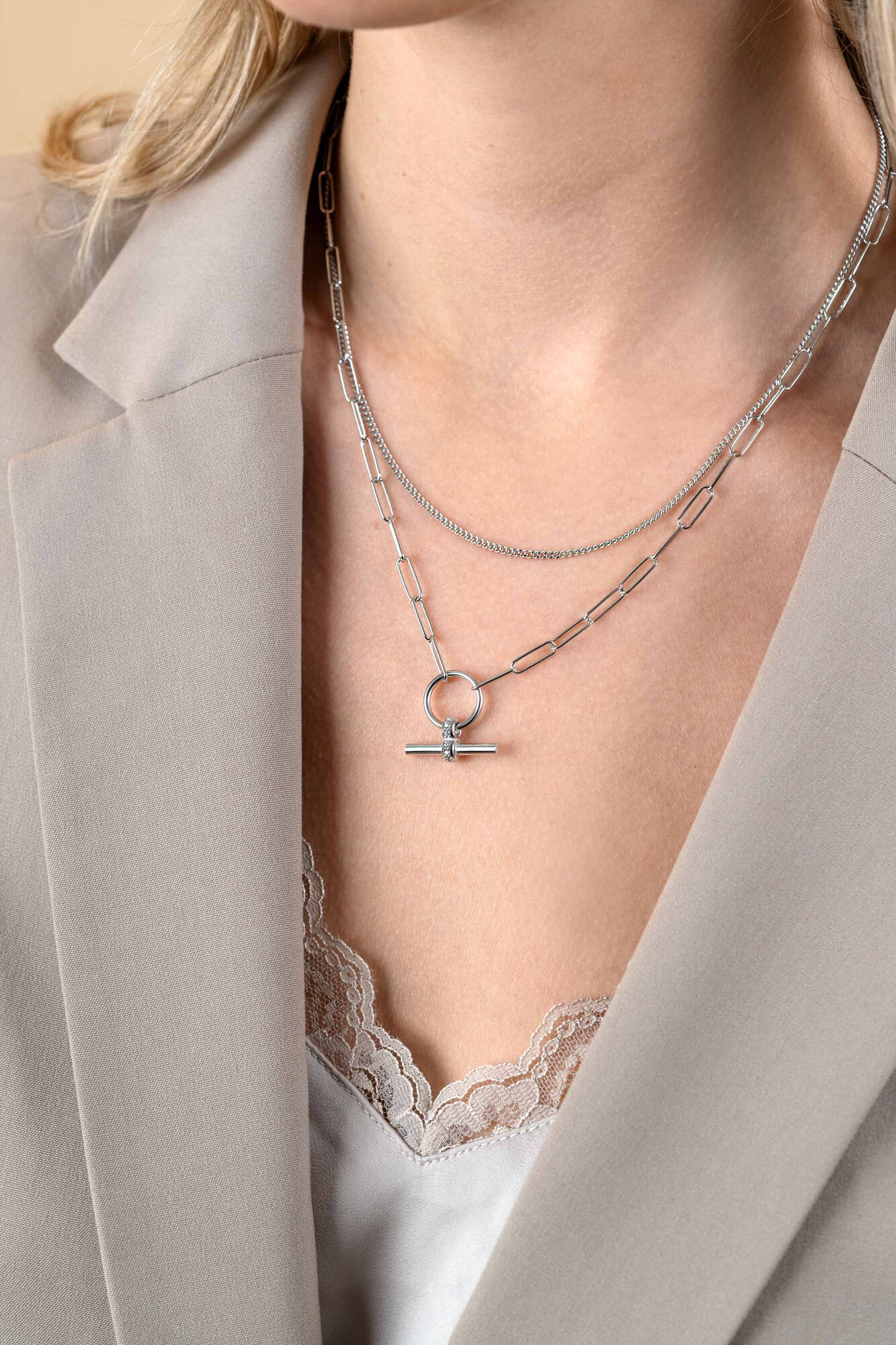 ZINZI zlv. collier dubbel grmt/paperclip T-bar zirc.