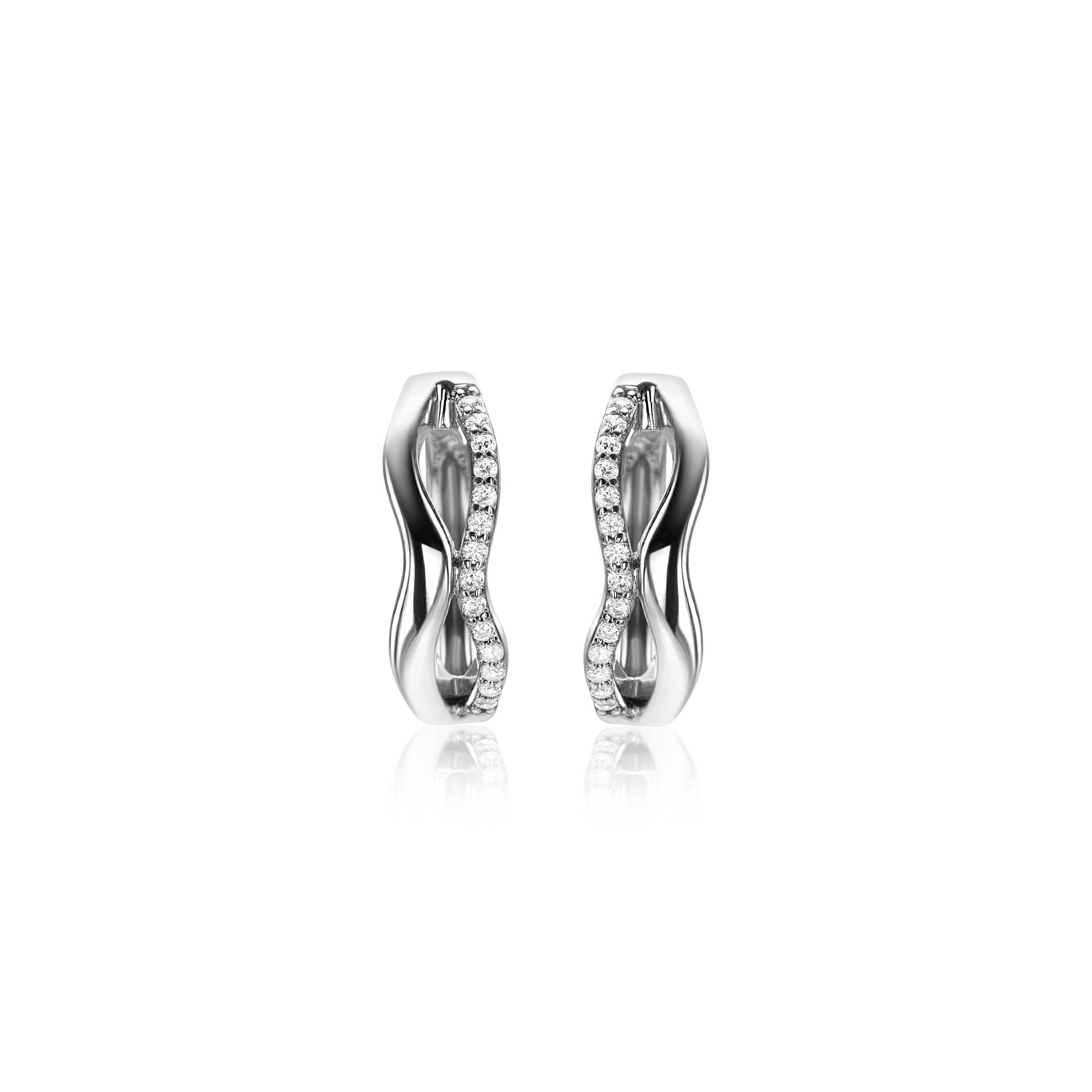 15mm ZINZI Silber Creolen organisch geformt mit zwei geschwungenen Bahnen, eine davon besetzt mit weißen Zirkonia, mit Luxus-Schnappverschluss ZIO2629