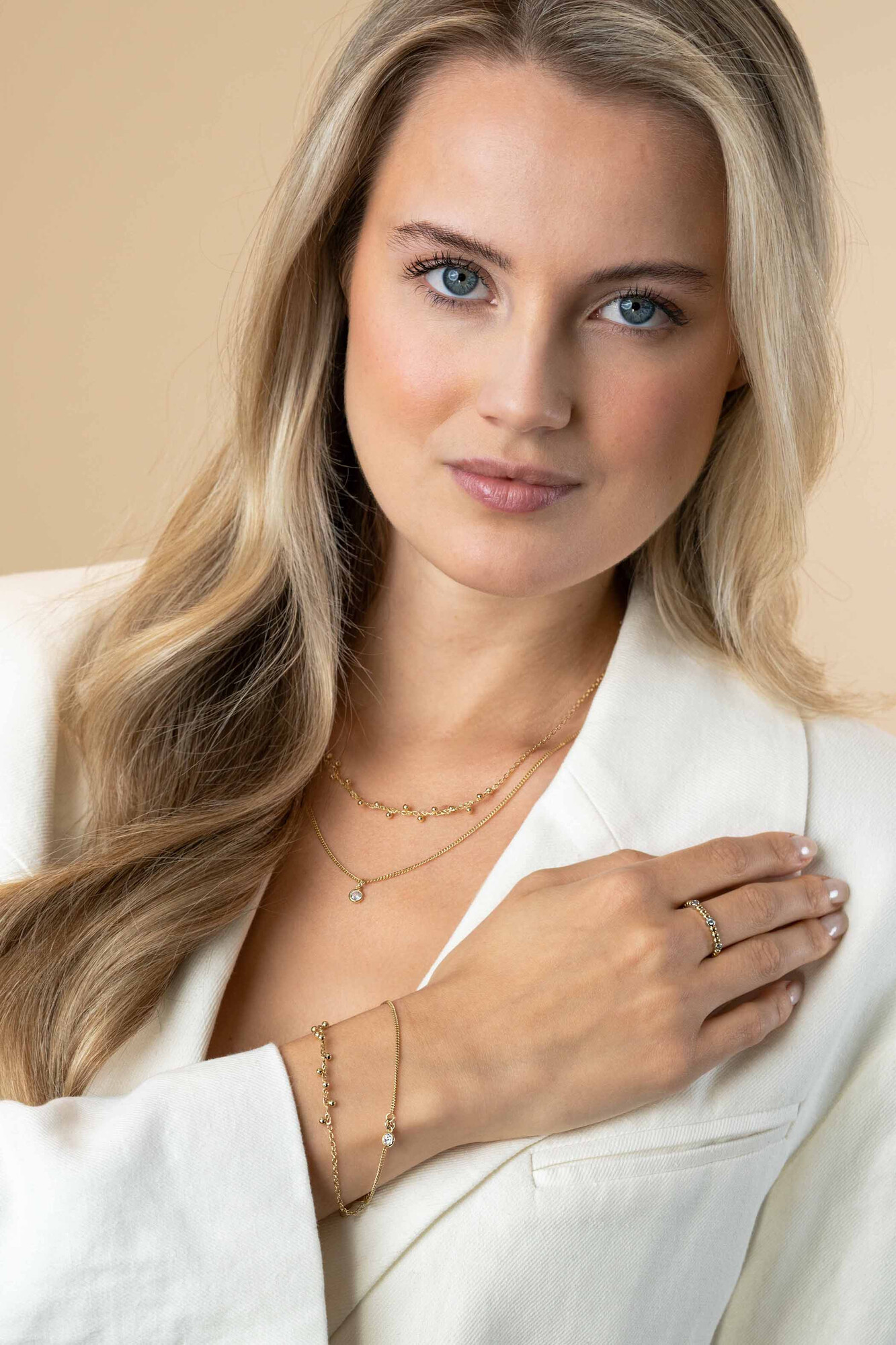 ZINZI zlv. 2x collier gg.verg. grmt+cz. en bolletjes