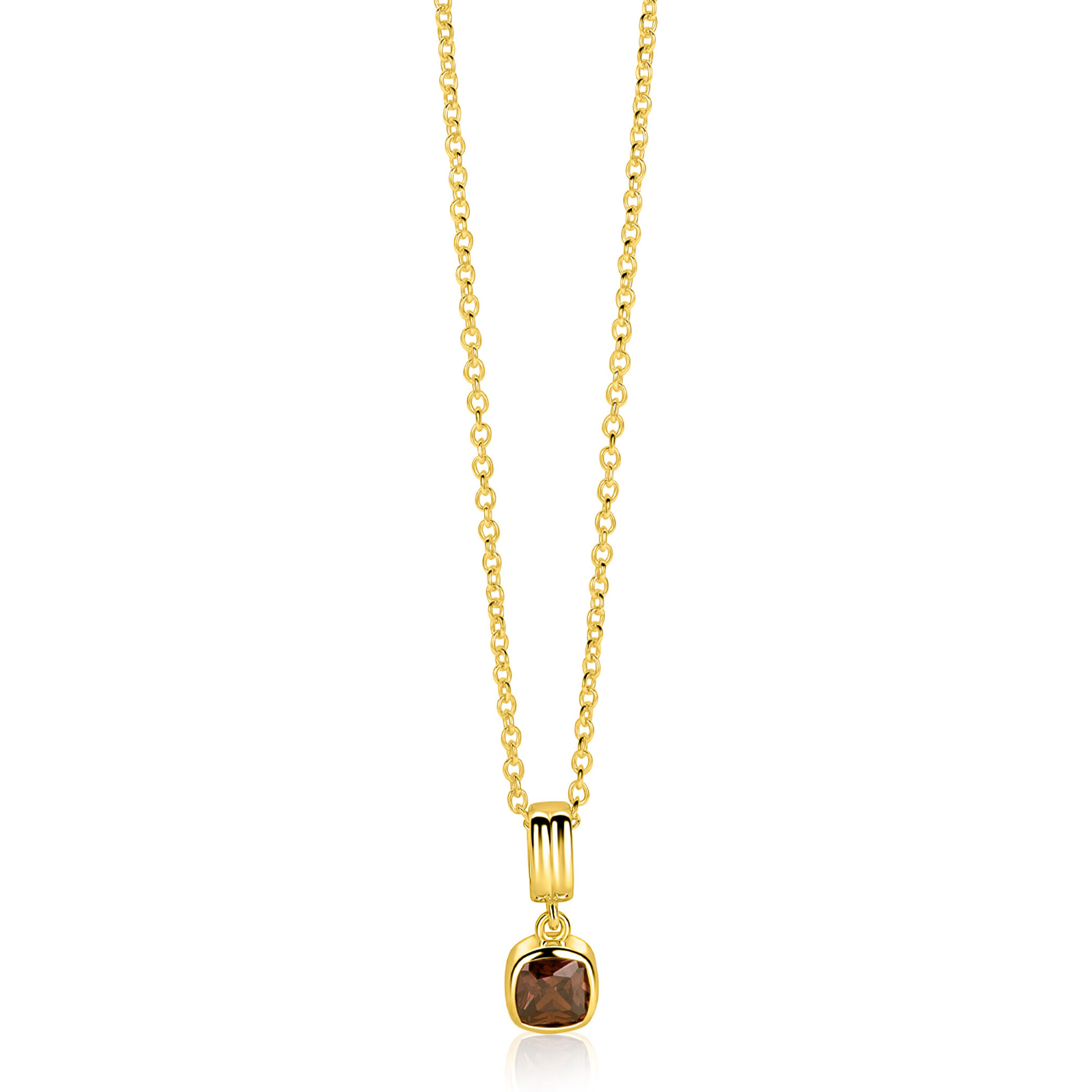 ZINZI zlv. gg.verg.collier hanger vierkant bruin zirc.