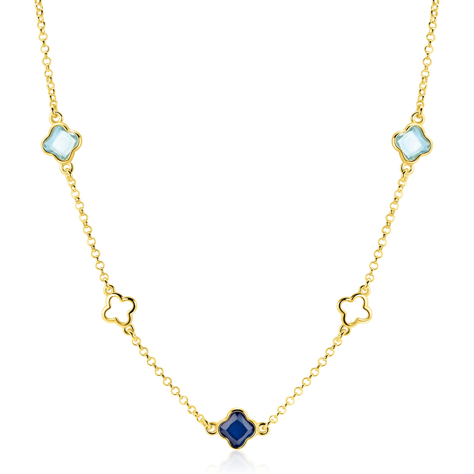 ZINZI zlv. collier gg.verg.met klavers blauw tinten