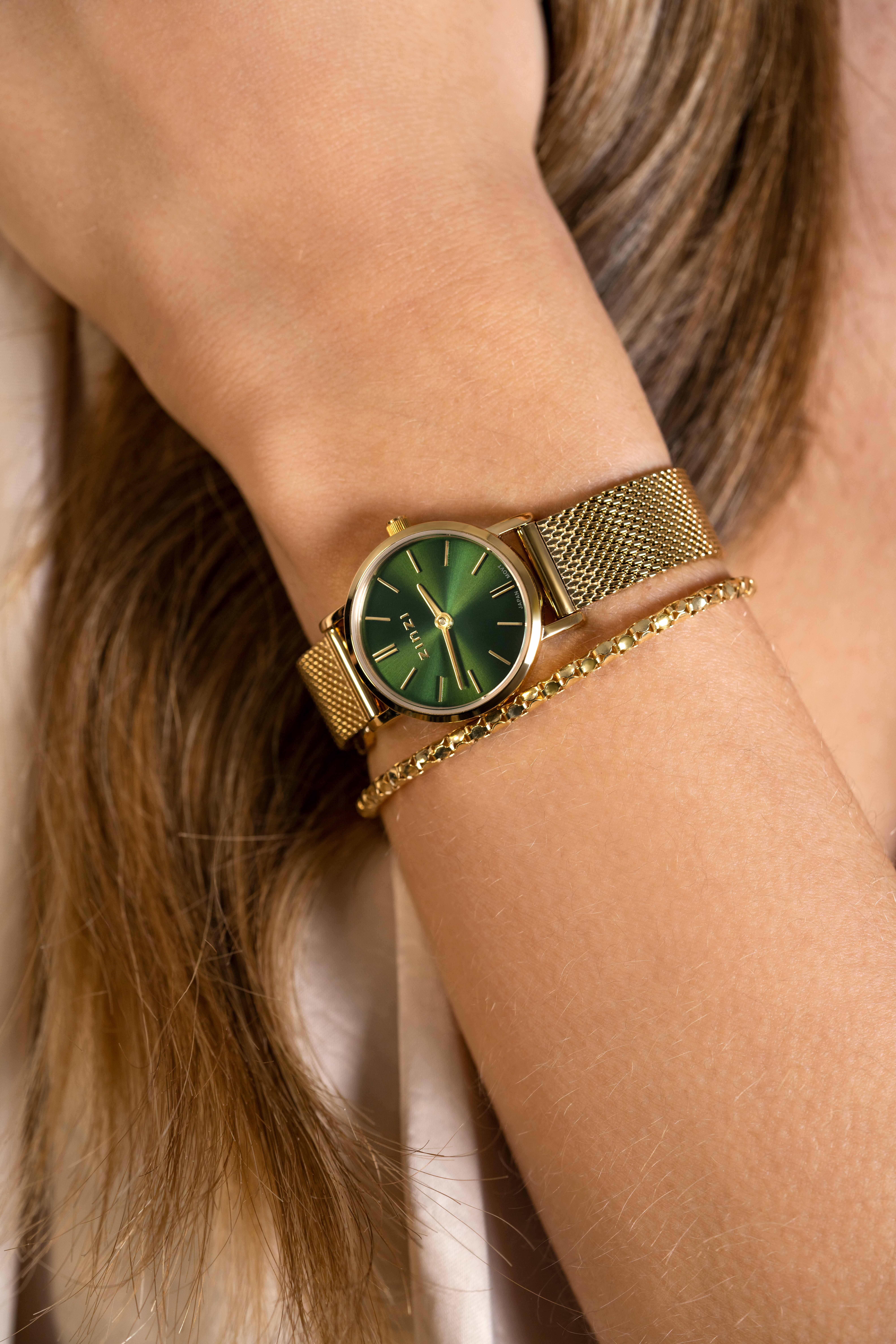 Zinzi horloge Mini rond gold w.plt groen/mesh band