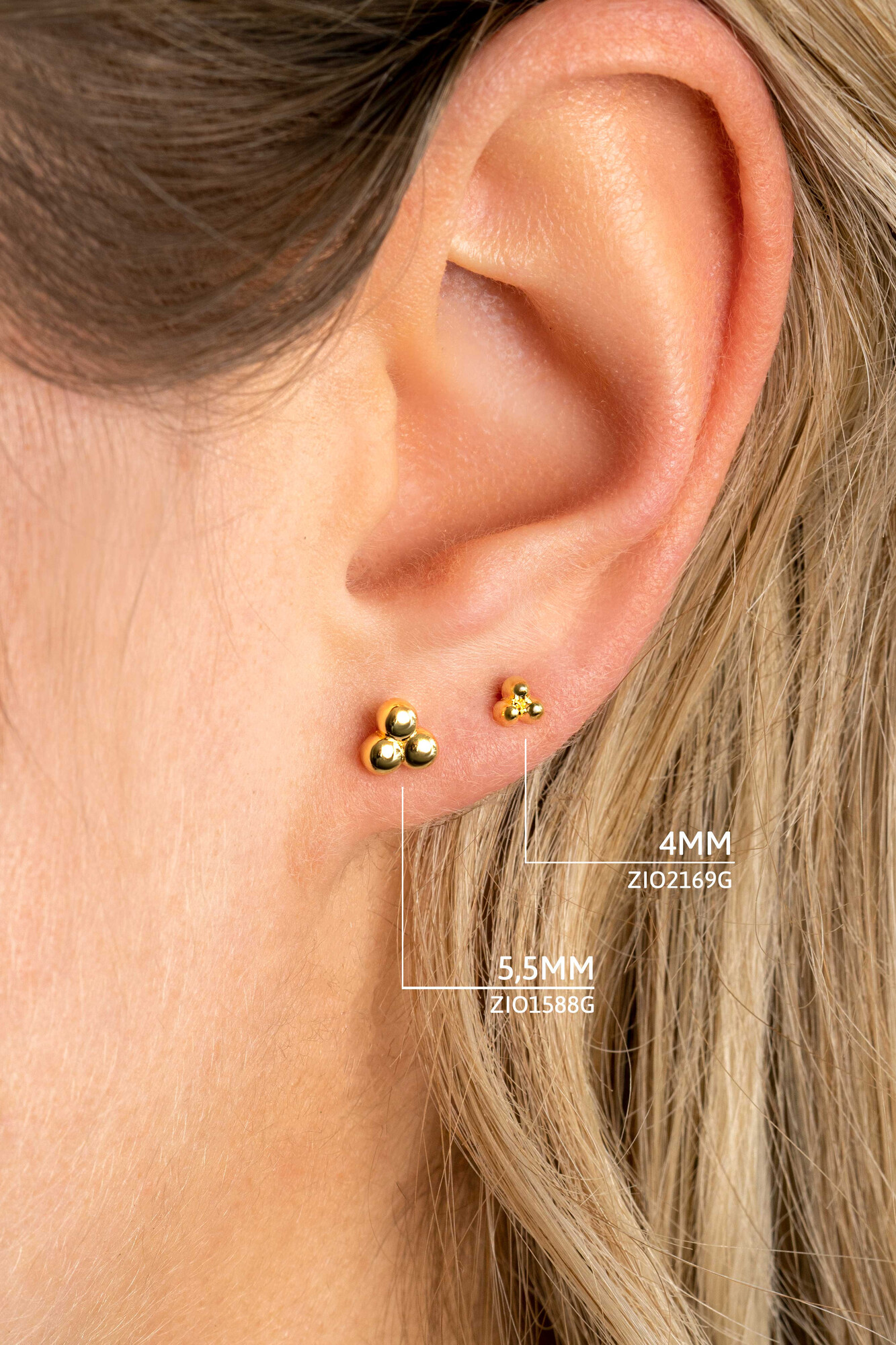 ZINZI silberne Ohstecker 14K gelb vergoldet 4mm 3 Kugel ZIO2169G