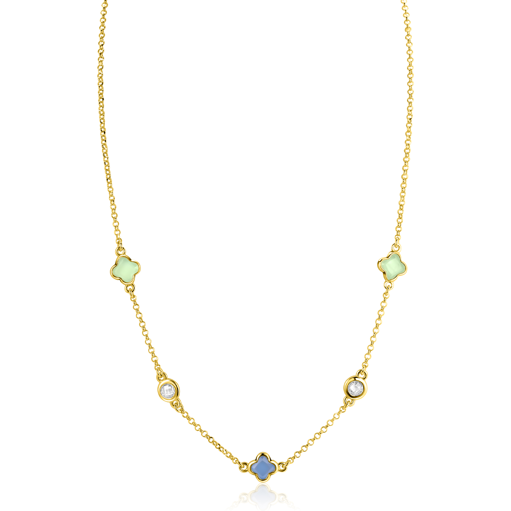 ZINZI zlv. collier gg.verg. klavers blauw/groen/zirc
