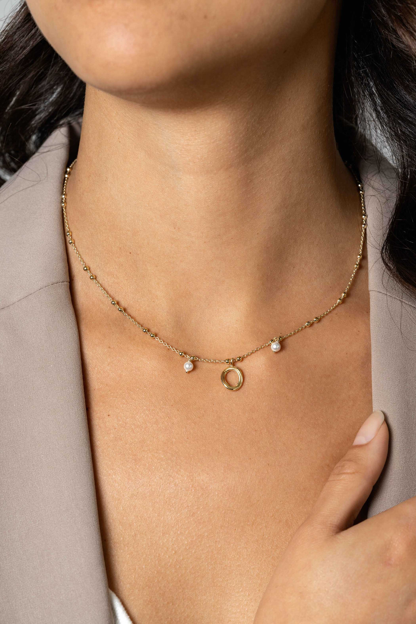 ZINZI zlv. collier gg.verg. met parel en ovale hangers