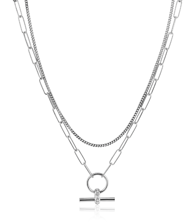 ZINZI zlv. collier dubbel grmt/paperclip T-bar zirc.