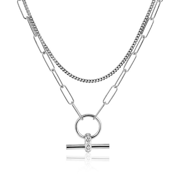 ZINZI zlv. collier dubbel grmt/paperclip T-bar zirc.