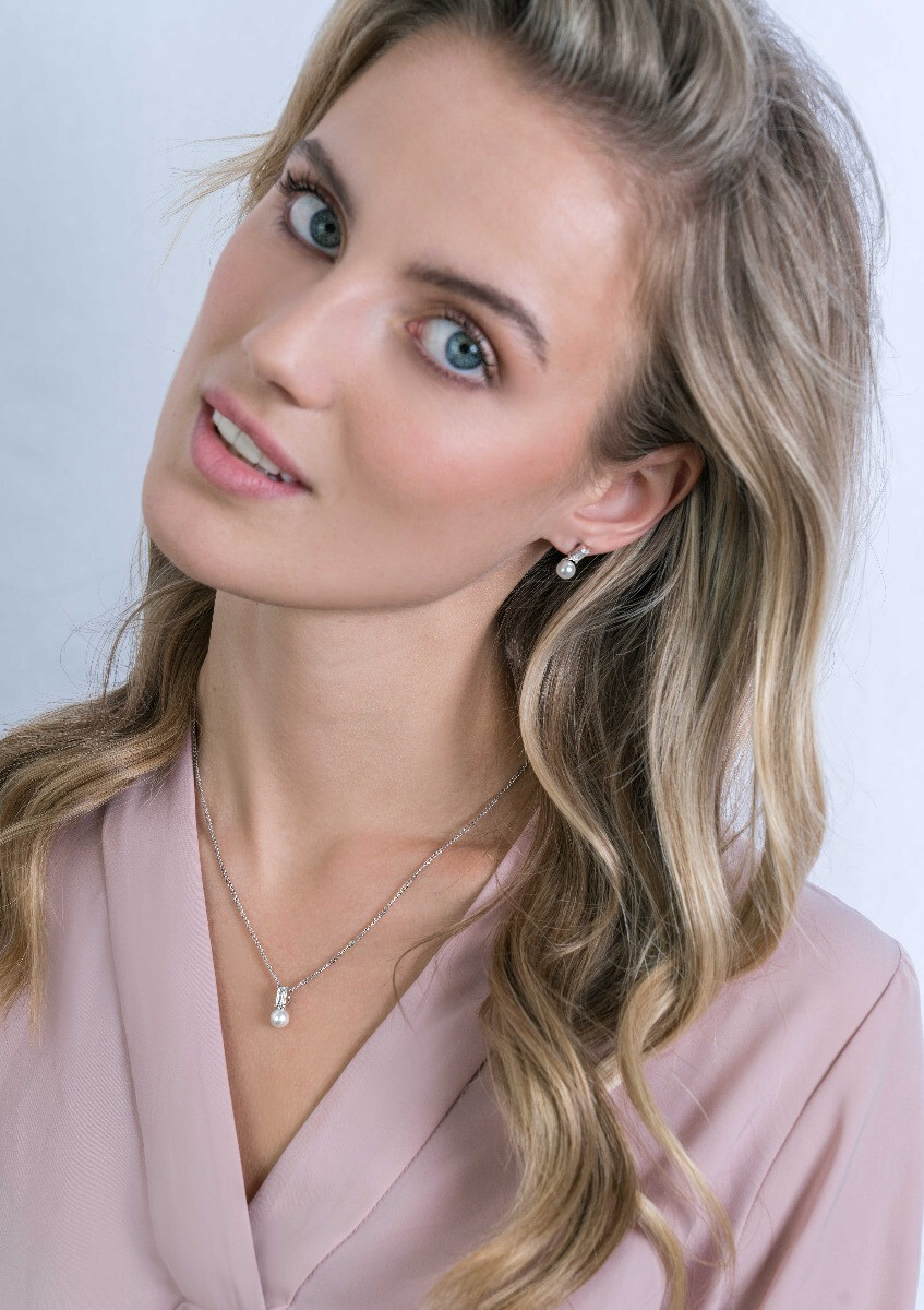 ZINZI silberner  weißer Perlenanhänger mit weißem Zirkonia im Baguetteschliff ZIH2135