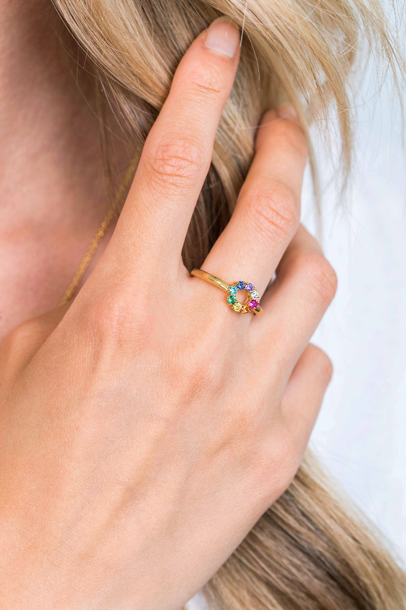 ZINZI silberner Ring 14K gelb vergoldet 8,5mm besetzt regenbogenfarben ZIR2172