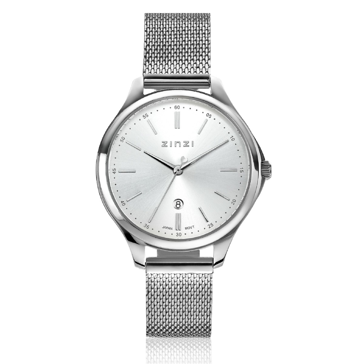 ZINZI Classy Uhr 34 mm silbernes Zifferblatt Stahlgehäuse und Mesh-Armband, Datum ZIW1002M