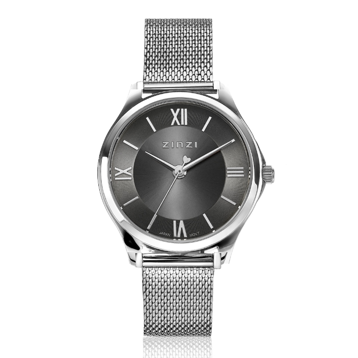 ZINZI Classy Mini Uhr 30 mm graues Zifferblatt Stahlgehäuse und Mesh-Armband ZIW1224M