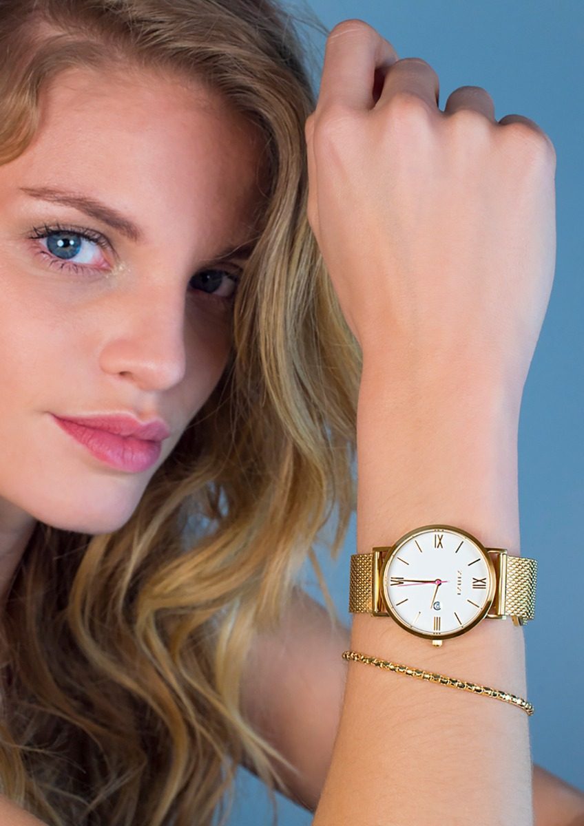 ZINZI Roman Uhr  weißes Zifferblatt Stahlgehäuse gelbgoldfarben  Stahlgitterband gelbgoldfarben 34mm extra dünn ZIW507M