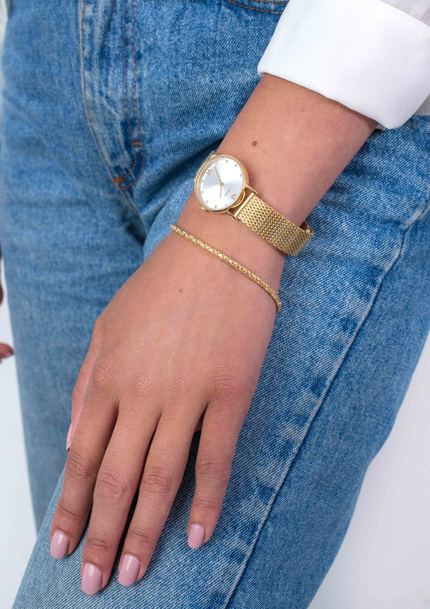 ZINZI Lady Crystal Uhr silberfarbenes Zifferblatt, gelbgoldfarbenes Gehäuseund  Stahlgitterband,  weißen Kristallen bei der Stundenanzeige, 28mm extra dünn ZIW633M