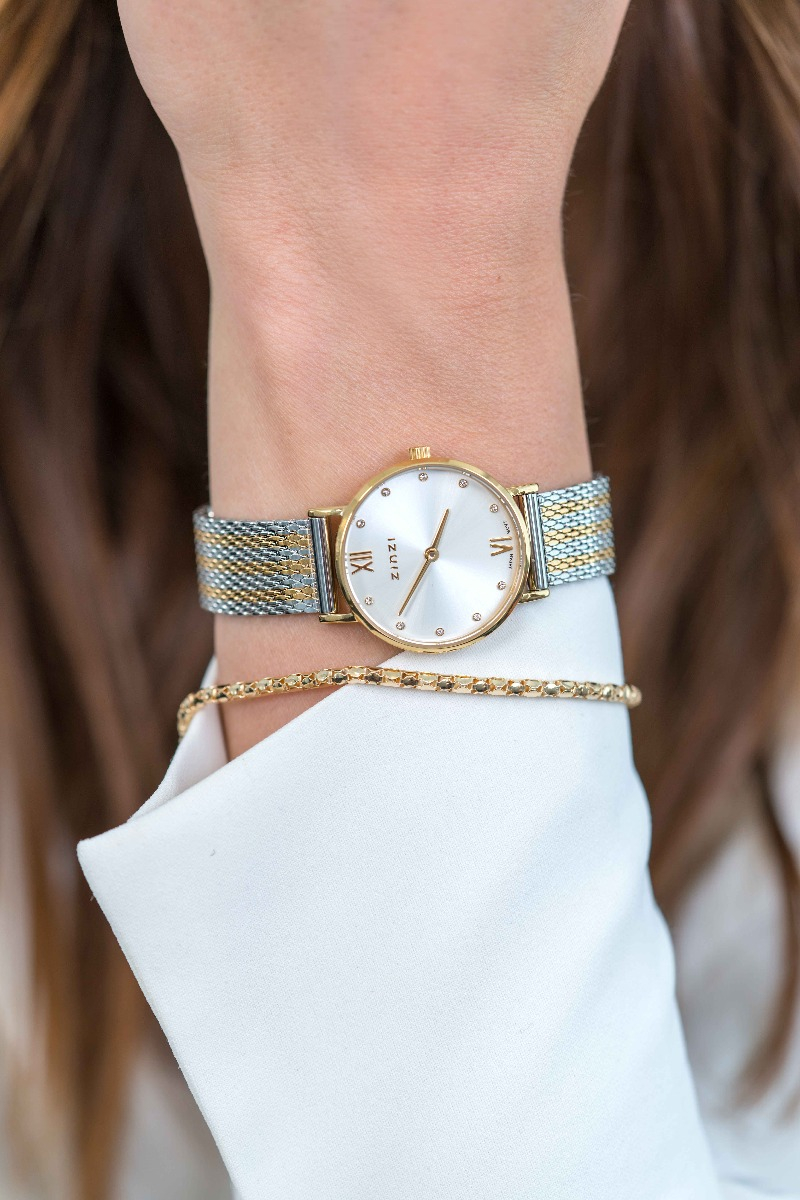 ZINZI Lady Crystal Uhr silberfarbenes Zifferblatt, gelbgoldfarbenes Gehäuse und zweifarbiges  Stahlgitterband,  weiße Kristalle bei der Stundenanzeige, 28mm extra dünn ZIW633MB