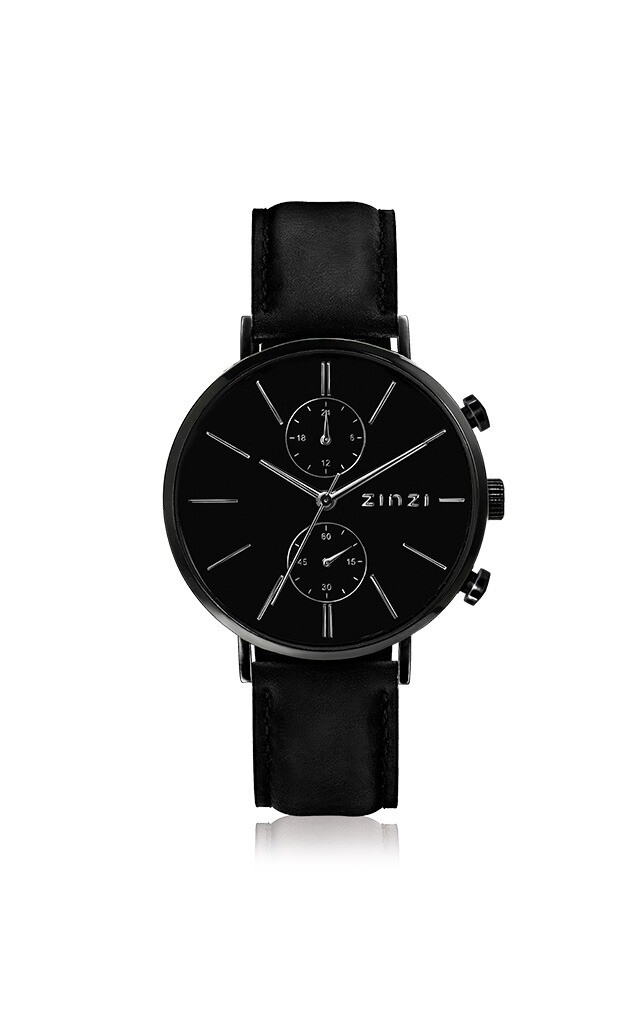 ZINZI Man watch Traveller black schwarzes Zifferblatt mattschwarzes Stahlgehäuse schwarzes Lederband 39mm dual time ZIW750