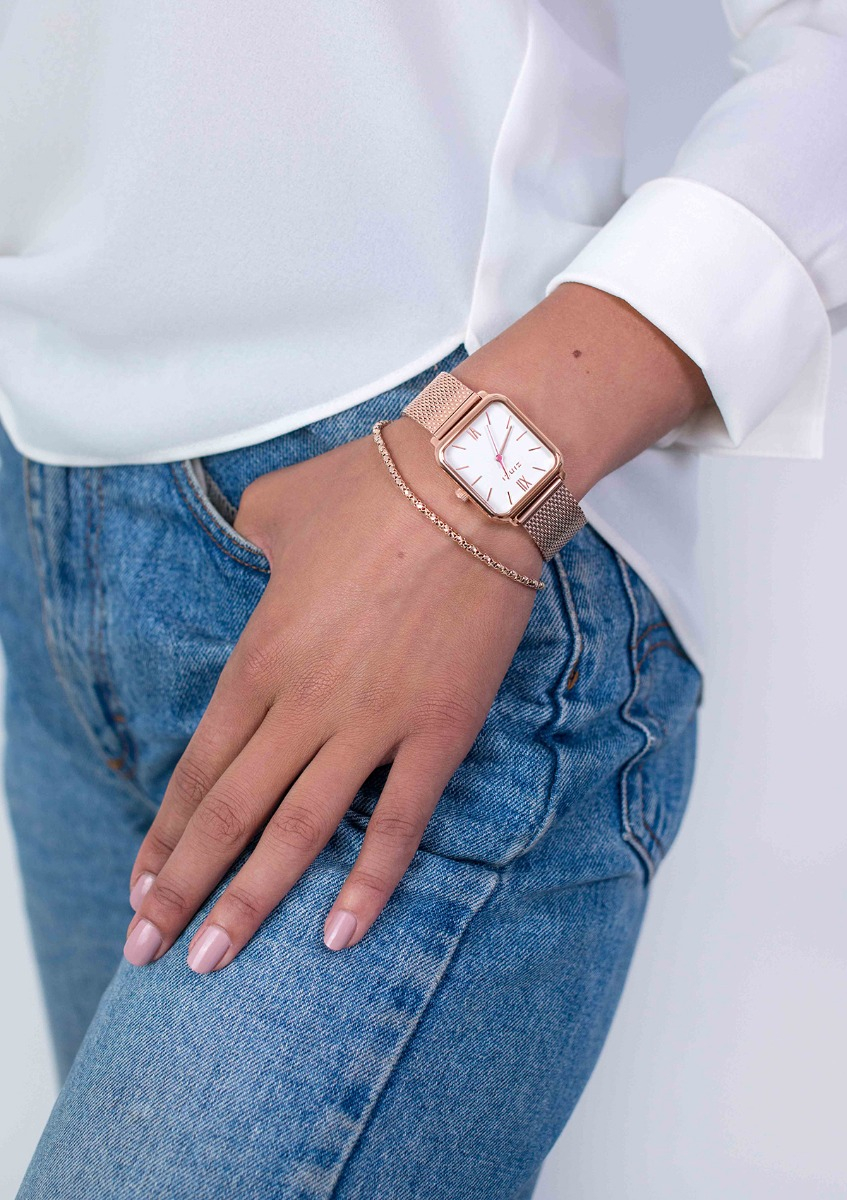 ZINZI Square Roman Uhr  weißes Zifferblatt und rechteckige roségoldfarbenes Gehäuse Stahlgitterband 32mm extra dünn ZIW808M
