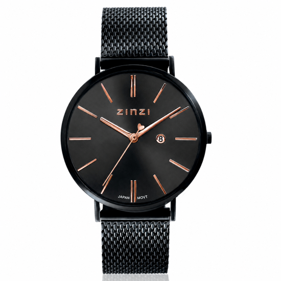 ZINZI Retro Uhr schwarzes Zifferblatt und schwarzes Stahlgehäuse schwarzes Stahlgitterband 38mm extra dünn ZIW409M