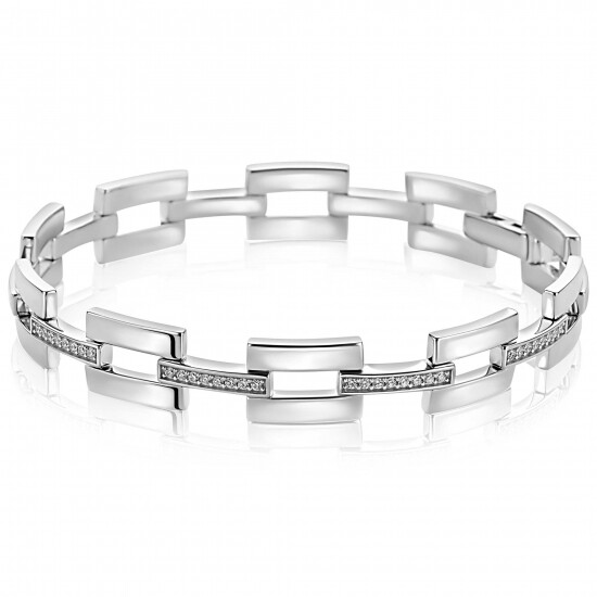 Mart Visser by ZINZI Silber-Schmuckarmband 9mm mit rechteckigen Gliedern, besetzt mit weißen Zirkoniasteinen MVA27