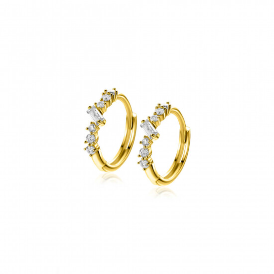13mm ZINZI Gold 14kt goldene Creolen mit rechteckigem baguettegeschliffenen Zirkonia und sechs runden weißen Zirkonias, mit luxuriösem Klappverschluss 13x2mm ZGO528