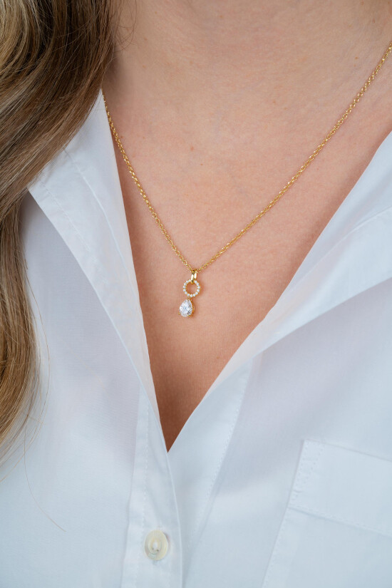 ZINZI zlv. collier gg.verg. met hanger rondje/peer zirc.