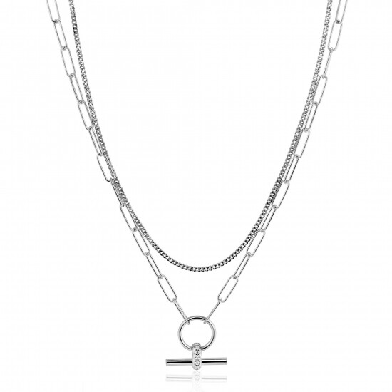 ZINZI zlv. collier dubbel grmt/paperclip T-bar zirc.