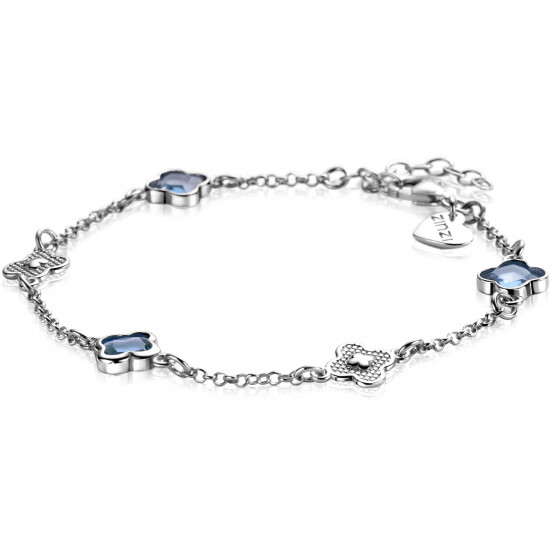 ZINZI zlv. armband met klaver blauw zirc.