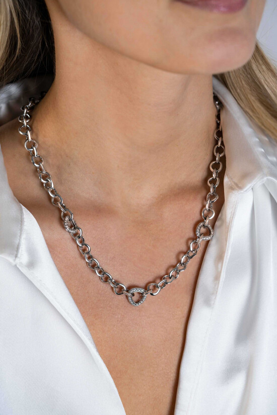 ZINZI zlv. collier met 3x schakels driehoek zirc.