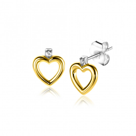 ZINZI zlv. oorknopje gg.verg.open hartje met zirc.