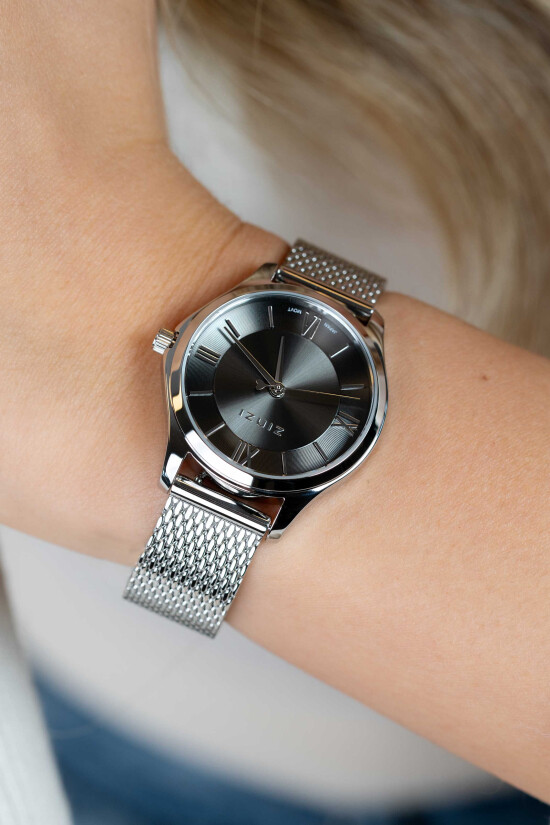 ZINZI Classy Mini Uhr 30 mm graues Zifferblatt Stahlgehäuse und Mesh-Armband ZIW1224M