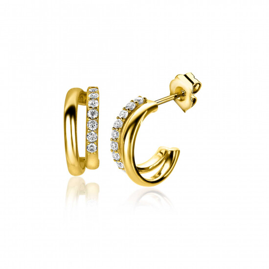 ZINZI silberne Multi-Look-Ohrstecker extra 14K gelbvergoldet zweireihig mit weiße Zirkonias 15mm ZIO2254