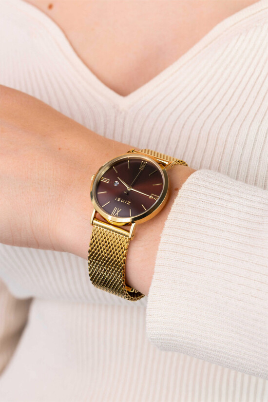 ZINZI Roman Uhr 34mm braun Zifferblatt Stahlgehäuse gelbgoldfarben  Stahlgitterband gelbgoldfarben extra dünn ZIW536M