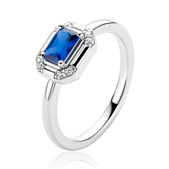 ZINZI zlv. ring rechthoek blauw en zirconia's mt.62