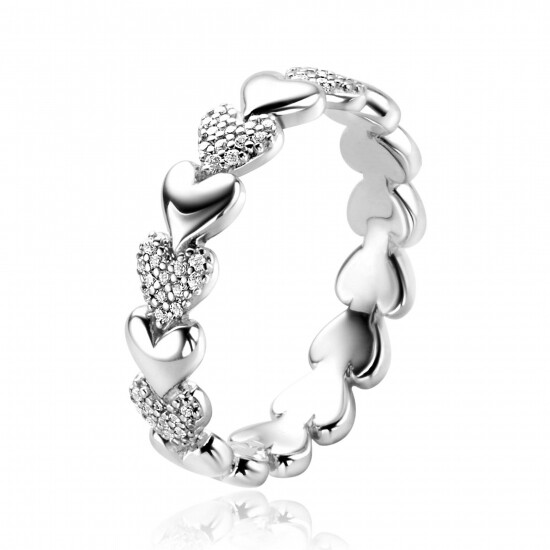 ZINZI zlv. ring hartjes rondom en zirconia's mt.62