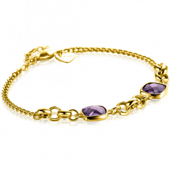 ZINZI vergoldetes Silber Gourmet-Armband mit zwei quadratischen violetten Farbsteinen 16-19cm ZIA-BF122