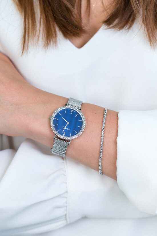 "ZINZI Uhr GRACE 34mm dunkelblaue Perle Zifferblatt, rundum besetzt mit  weißen Kristallen,  Stahlgehäuse und Band ziw1346"