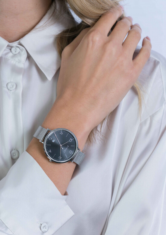 "ZINZI Uhr SOPHIE schwarzes Zifferblatt mit Datum, Stahlgehäuse 38mm,  Stahlgitterband 16mm ZIW1401"
