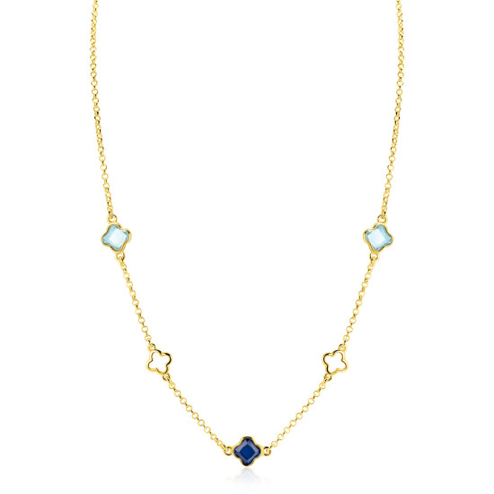 ZINZI zlv. collier gg.verg.met klavers blauw tinten