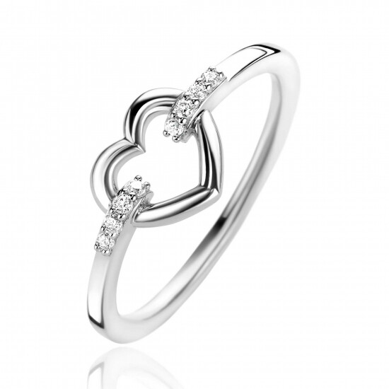 ZINZI zlv. ring open hart en zirconia's in band mt.62