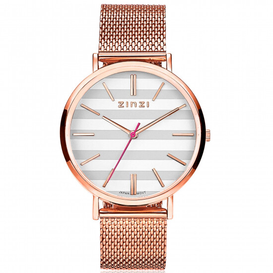 ZINZI Retro Uhr grau-weiß gestreiftes Zifferblatt roségoldfarbenes Gehäuse Stahlgitterband roségoldfarben 38mm extra dünn ZIW420M