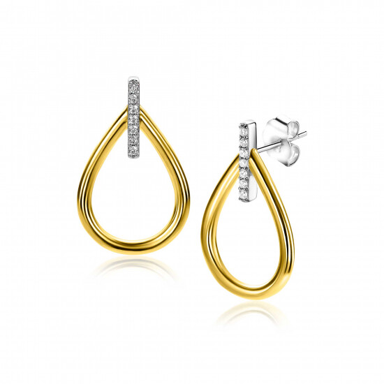 25mm ZINZI vergoldete Silber große ovale Ohrstecker, bei denen die Spitze mit weißen Zirkonia besetzt ist ZIO2619