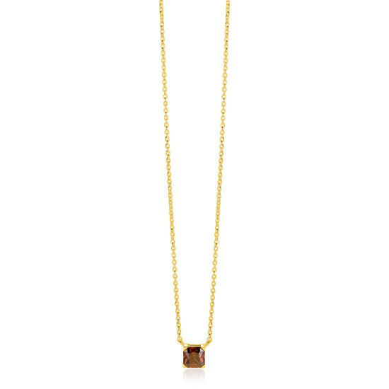 ZINZI zlv. collier gg.verg. met bruine vierkante steen