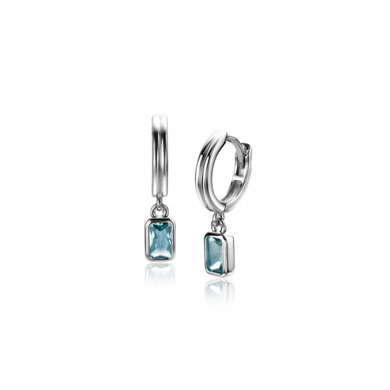 11mm ZINZI Silber Creolen mit baumelnden rechteckigen Anhängern, besetzt mit petrolblauen Steinen ZIO2614