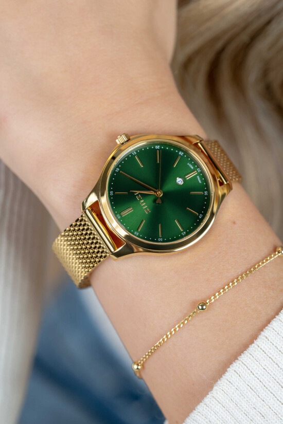 ZINZI Elegante Uhr 34 mm grünes Zifferblatt, goldfarbenes Stahlgehäuse und Mesh-Armband, Datum ZIW1035M