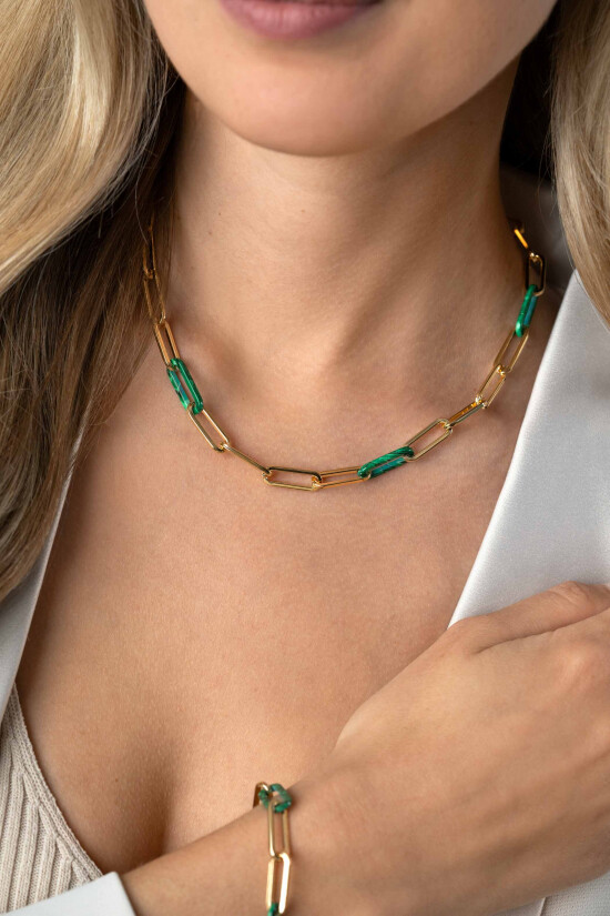 ZINZI zlv. collier gg.verg.paperclip met malachiet