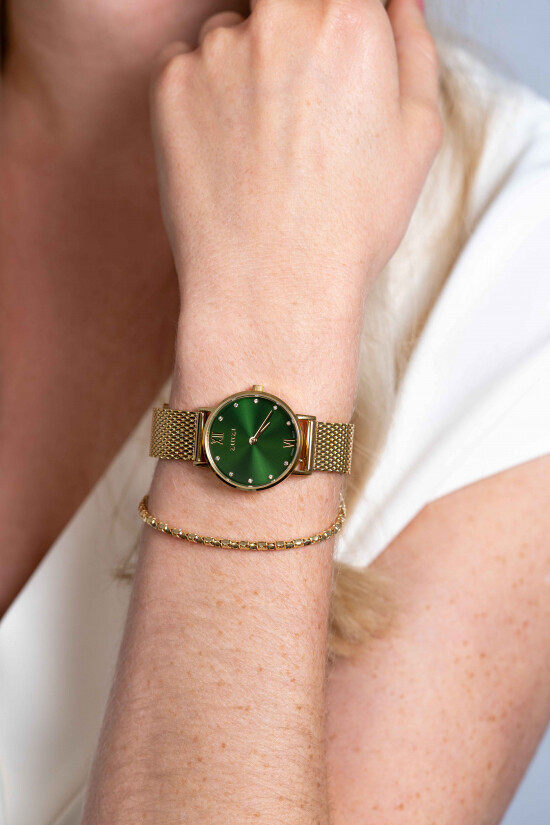 ZINZI Lady Crystal Uhr grünes Zifferblatt, gelbgoldfarbenes Gehäuseund  Stahlgitterband,  weißen Kristallen bei der Stundenanzeige, 28mm extra dünn ZIW635M