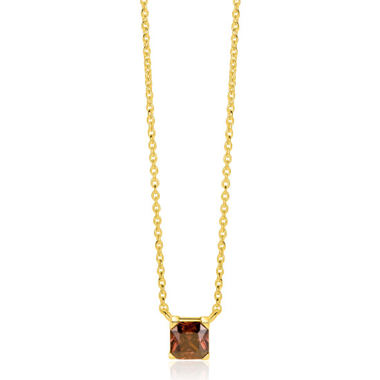 ZINZI zlv. collier gg.verg. met bruine vierkante steen
