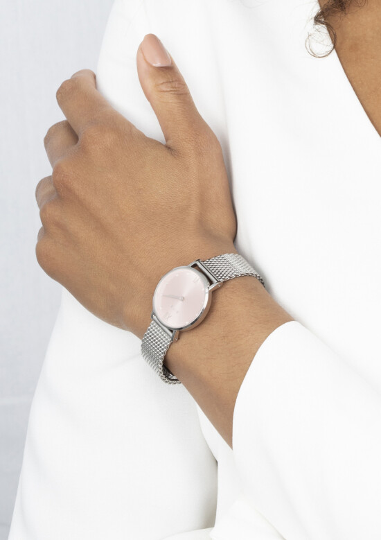 "ZINZI Lady Crystal Uhr rosa Zifferblatt und Gehäuse Stahlgitterband,  weiße Kristallen bei der Stundenanzeige, 28mm extra dünn ZIW641M"